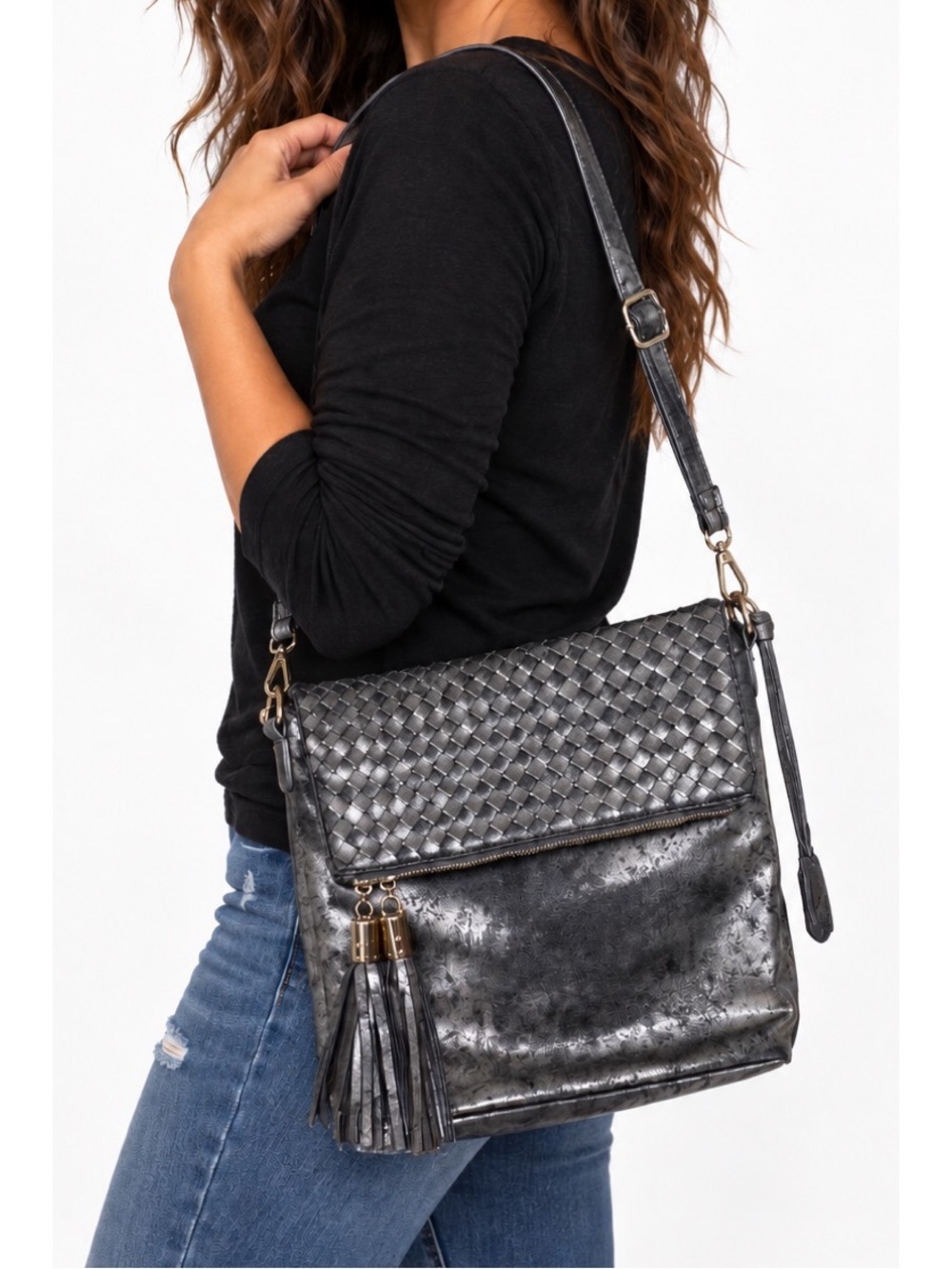 Liz Soto metallic gunmetal crossbody bag with a stylish, textured finish